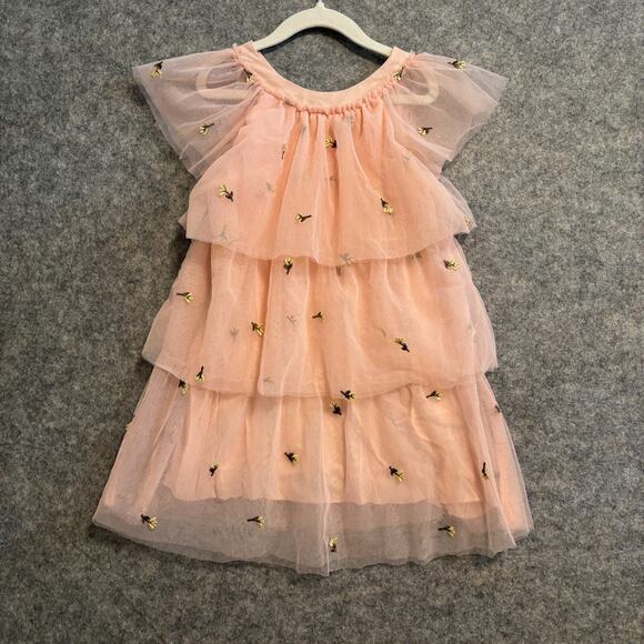 Zara Dress Girls 5 6 Pink Chiffon Tiered Dressy Cap Sleeve Embroidered Floral - Picture 1 of 10
